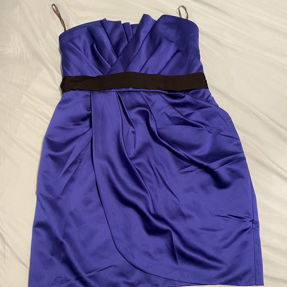 White by Vera Wang Strapless Royal Blue Satin Dress with Black Waistband